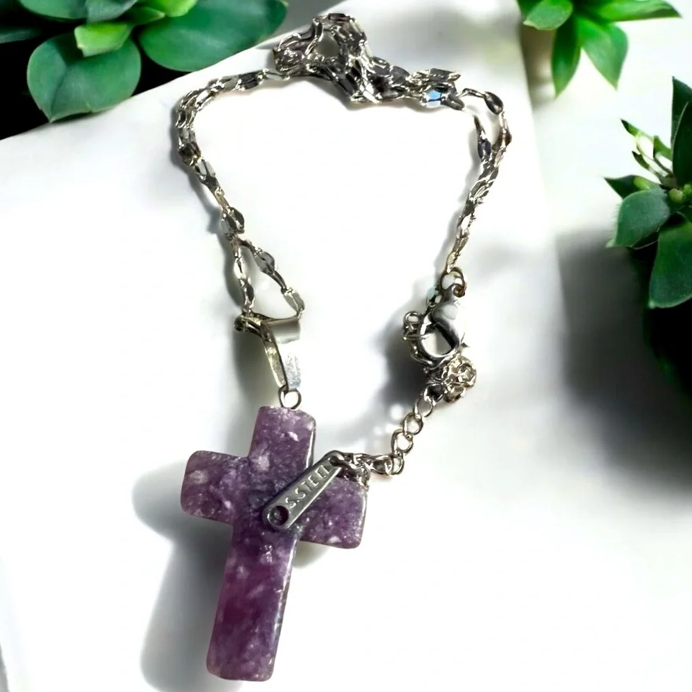 Amethyst Cross Pendant on Stainless Steel Chain - Picture 6 of 6